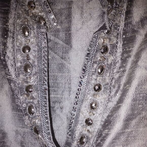 Vintage Neiman Marcus Silver Top Pullover V Neck Silk LS Beaded M - Picture 10 of 10